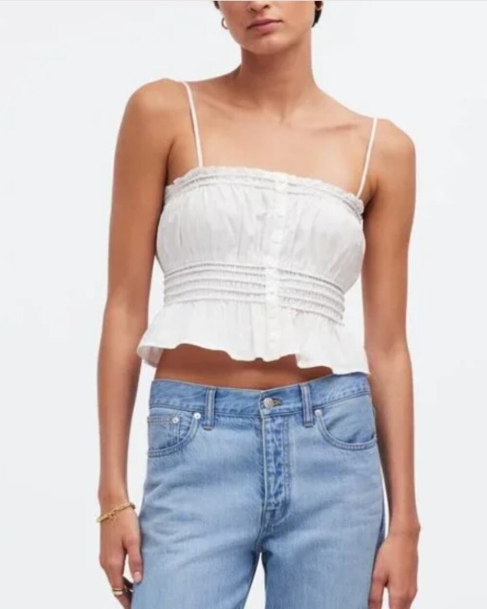 Madewell White Smocked Poplin Tank Top Sz XL - Picture 1 of 9